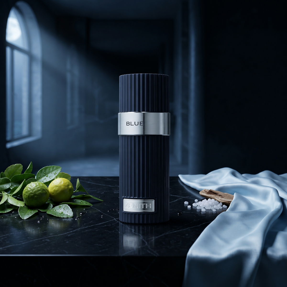 Zenith Blue — flacon de parfum sur fond Frais Aquatique
