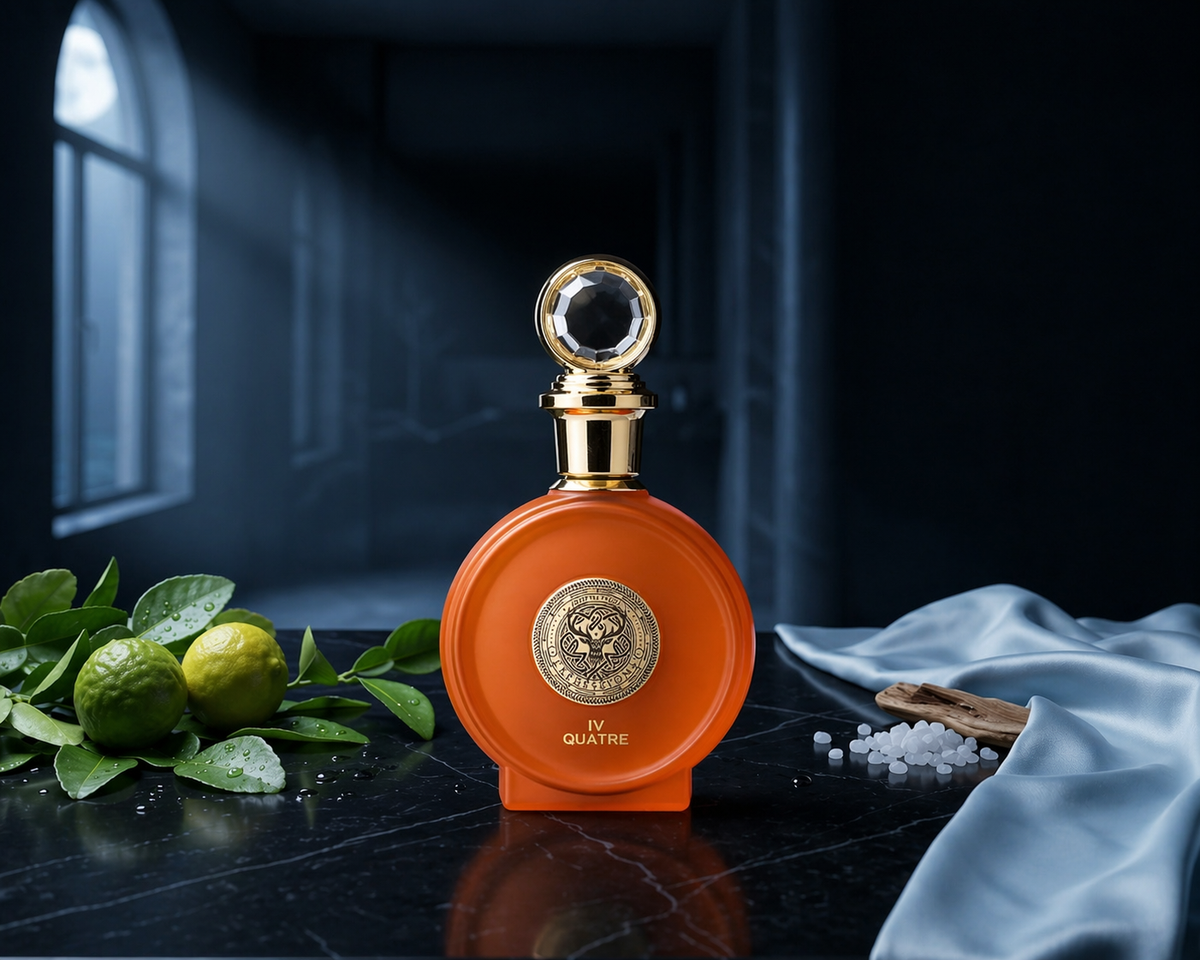North Stag Expressions Quatre IV — flacon de parfum sur fond Frais Aquatique