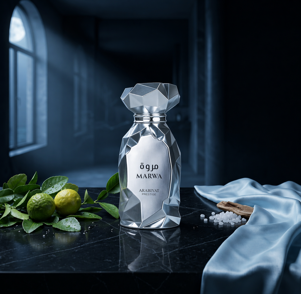 Marwa — flacon de parfum sur fond Frais Aquatique