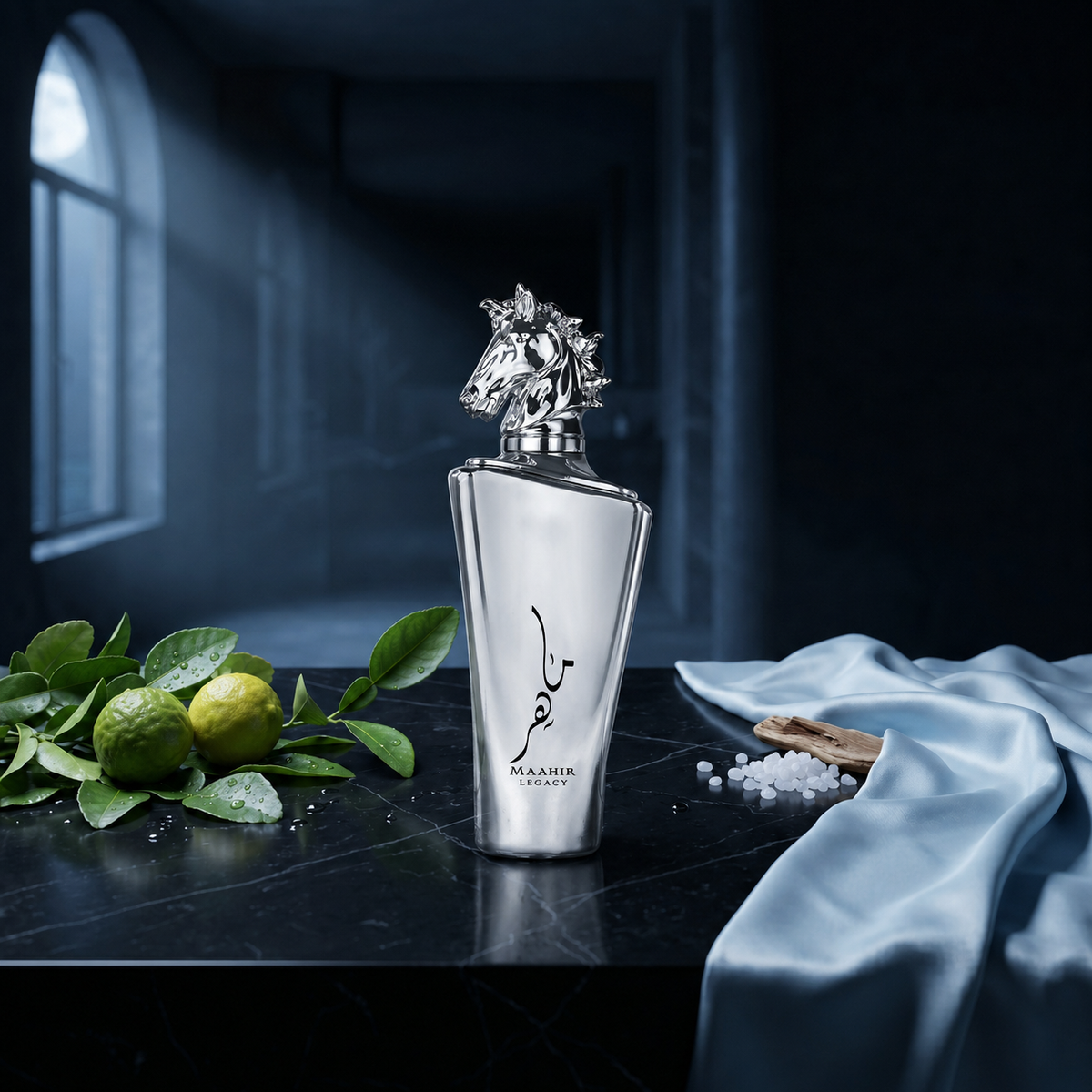 Maahir Legacy — flacon de parfum sur fond Frais Aquatique