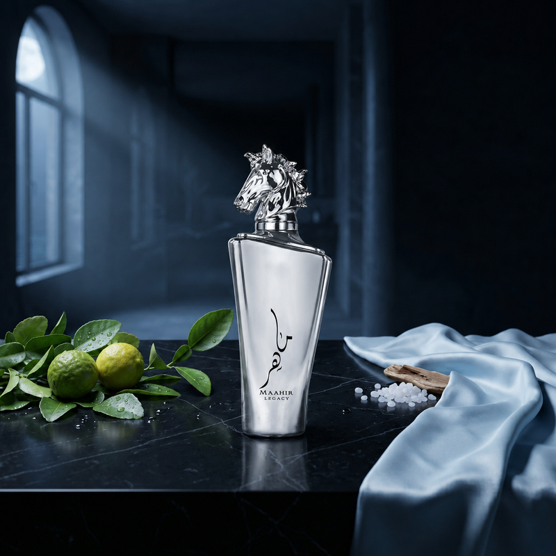 Maahir Legacy — flacon de parfum sur fond Frais Aquatique