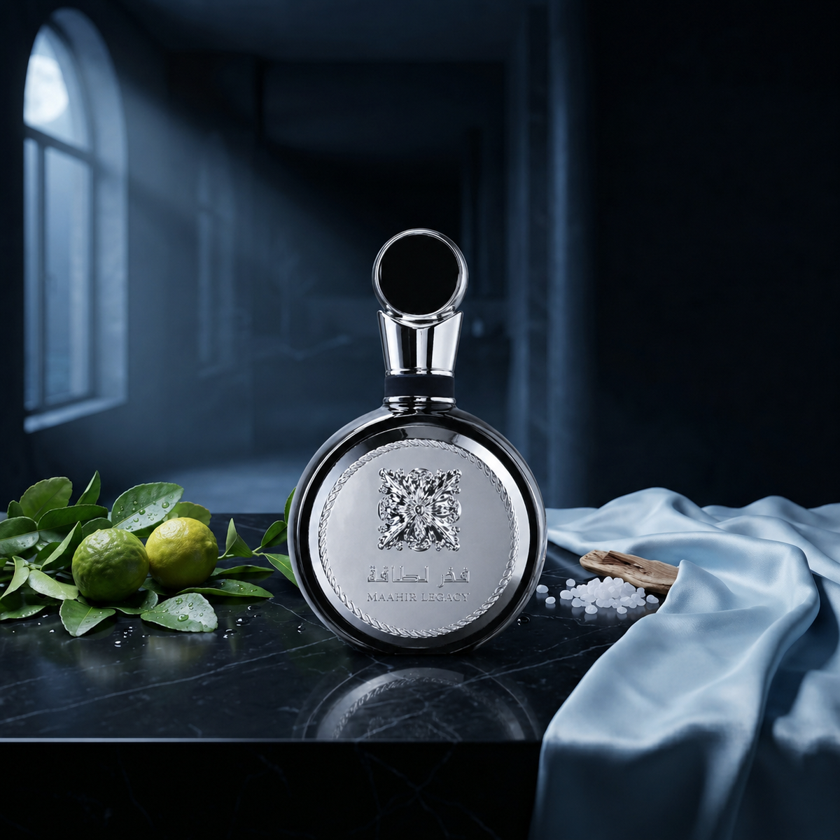 Fakhar Lattafa (For Men) — flacon de parfum sur fond Frais Aquatique