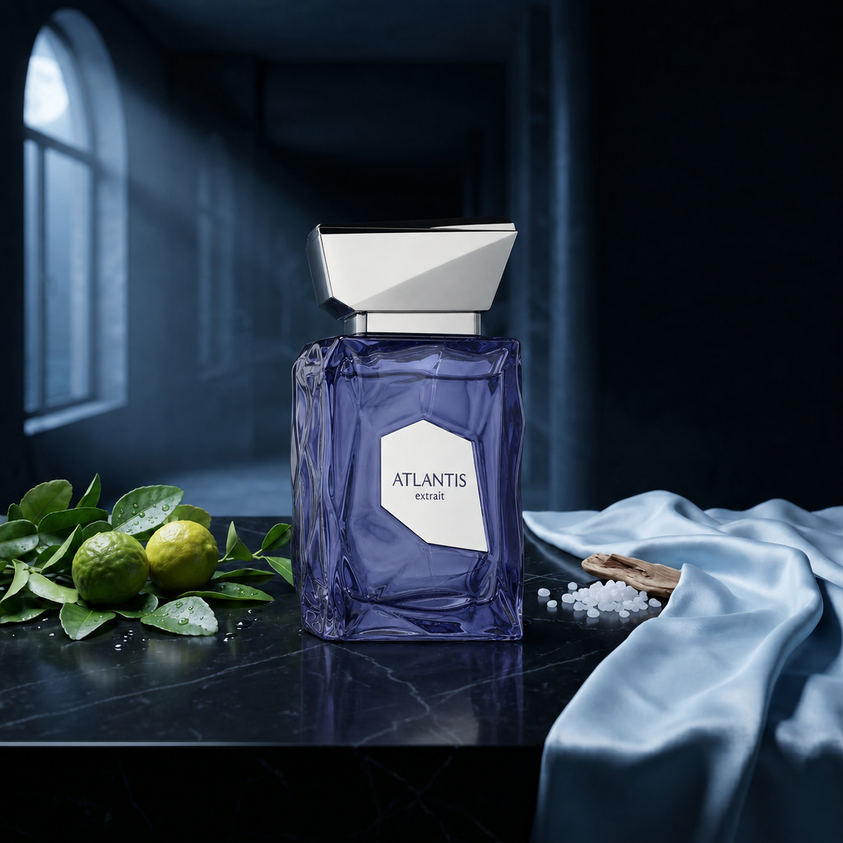Atlantis — flacon de parfum sur fond Frais Aquatique