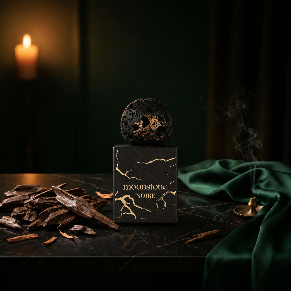 Moonstone Noire — flacon de parfum sur fond Boisé Oud
