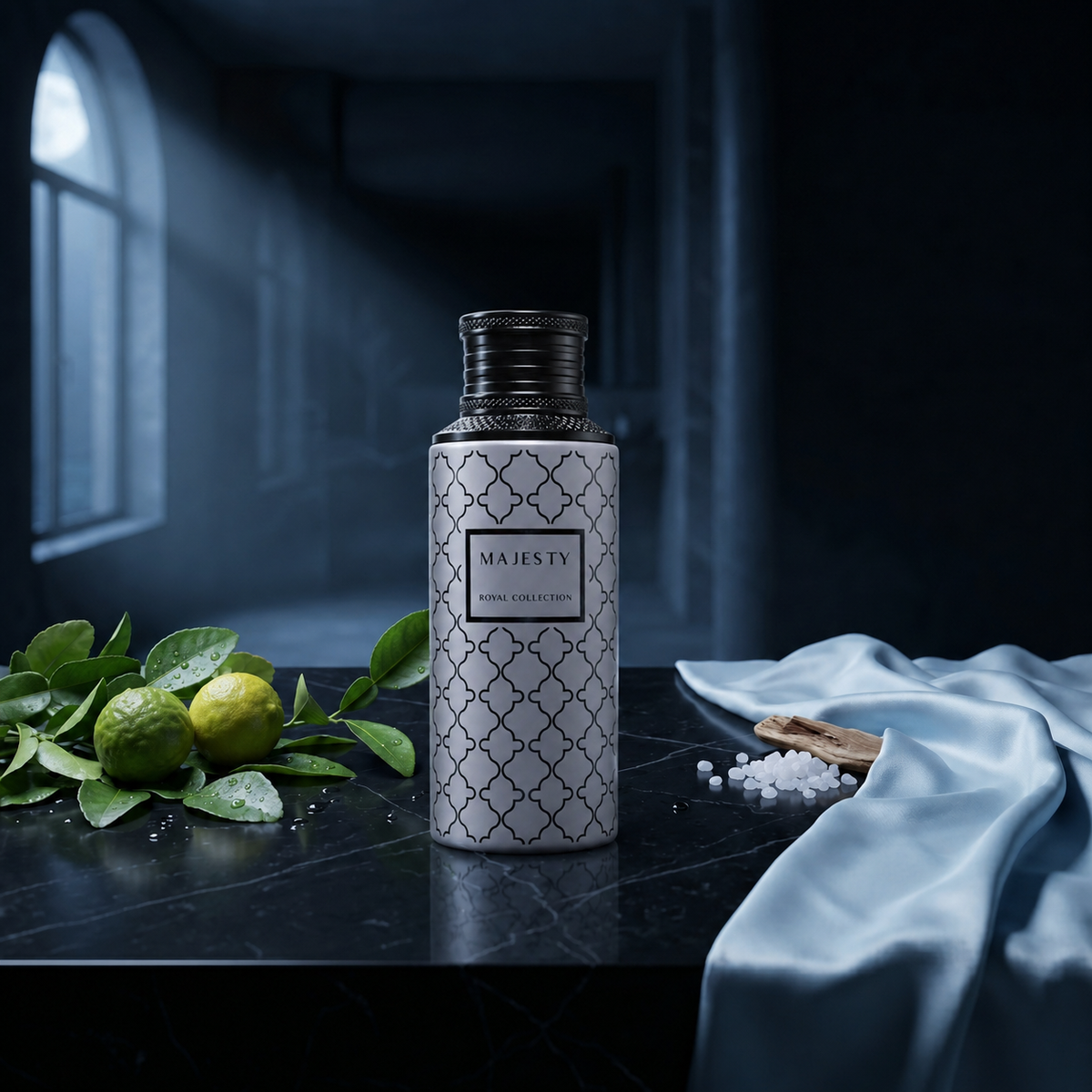 Majesty — flacon de parfum sur fond Frais Aquatique